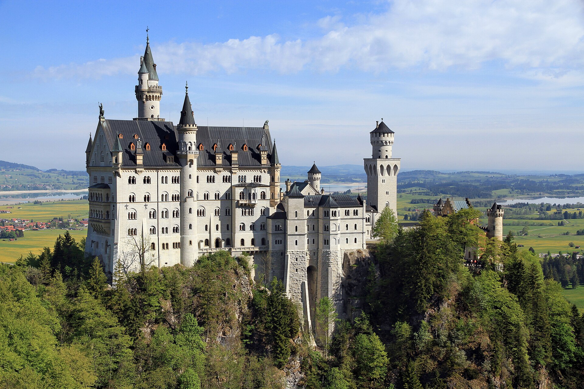 Neuschwanstein Castle on a wooded hill